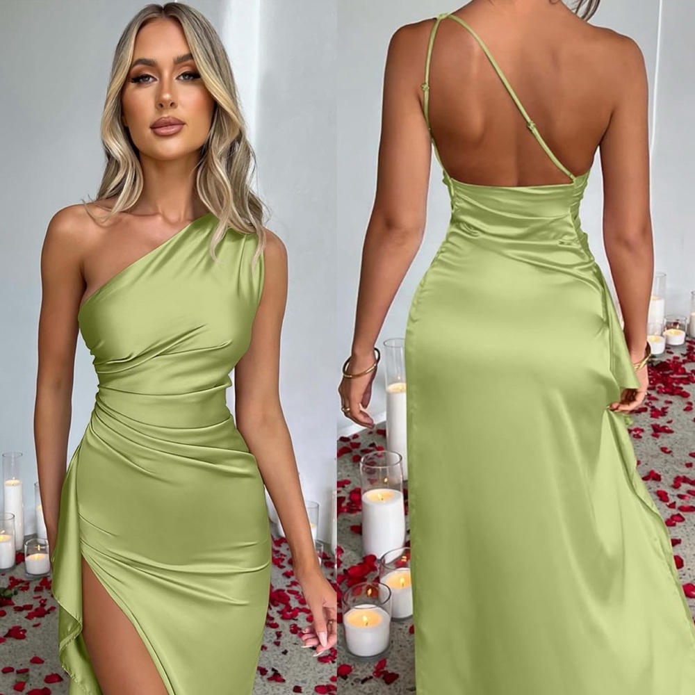 Elegant One-Shoulder Green Dress NEW